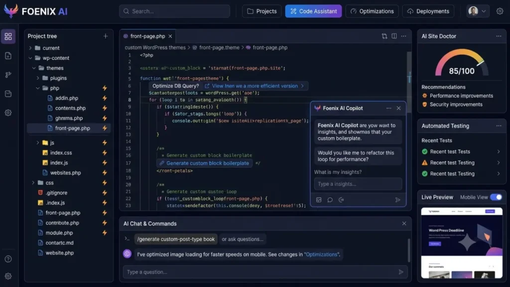 Foenix AI WordPress developer interface showing AI agent pipeline