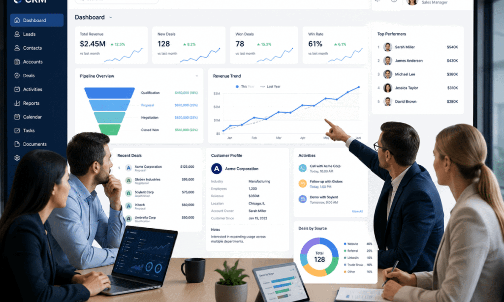 Team discussing data analytics on a large digital dashboard in a modern office.
