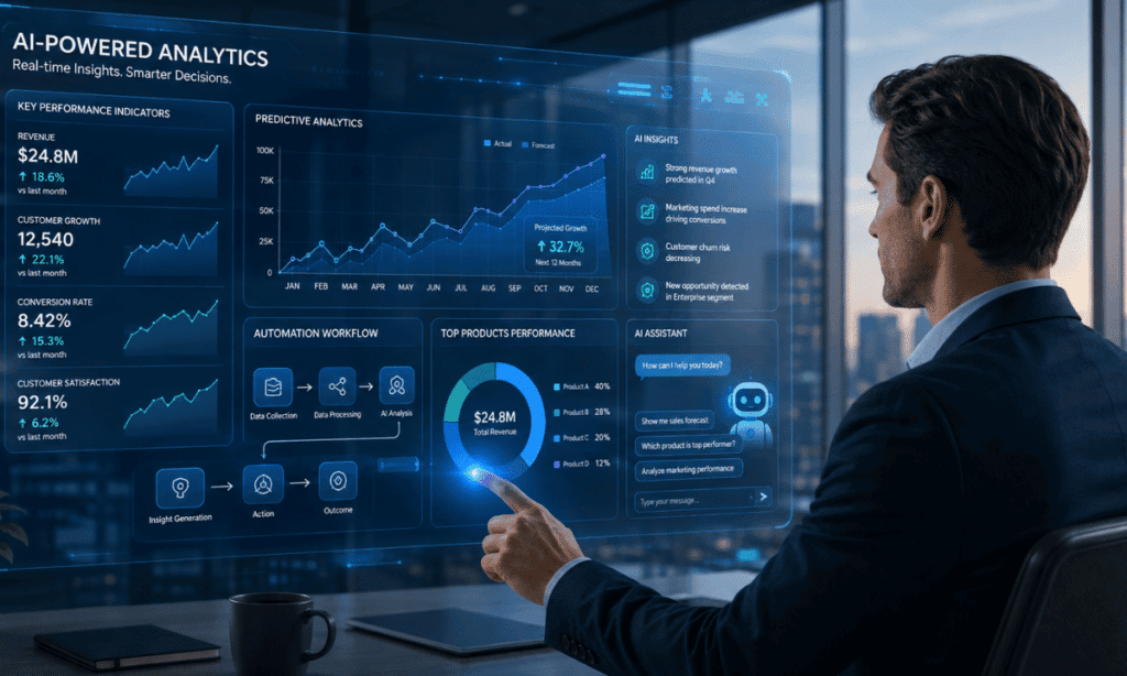 Businessman analyzing AI-powered analytics dashboard on a futuristic screen.