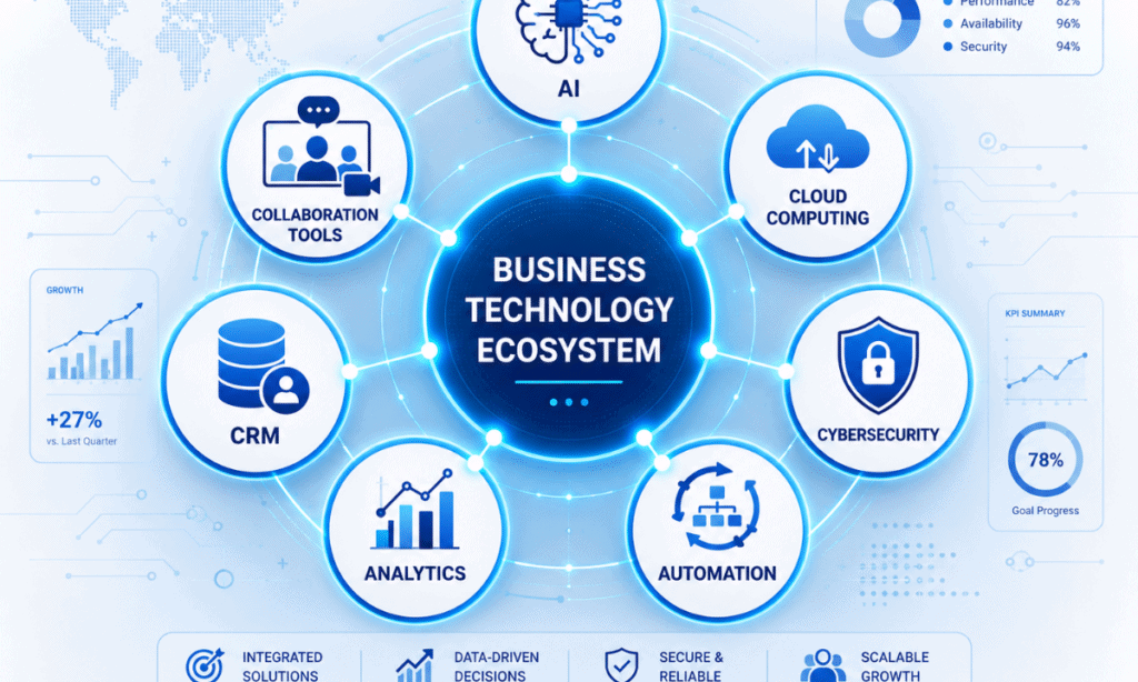 Diagram of business technology ecosystem with AI, cloud computing, cybersecurity, and analytics.