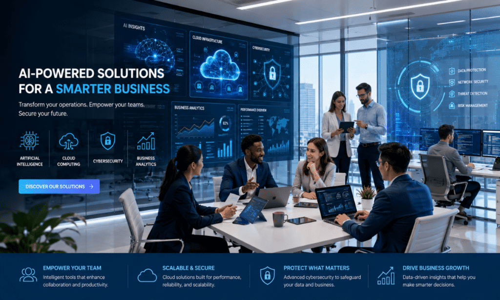Business team discussing AI solutions in a high-tech conference room.