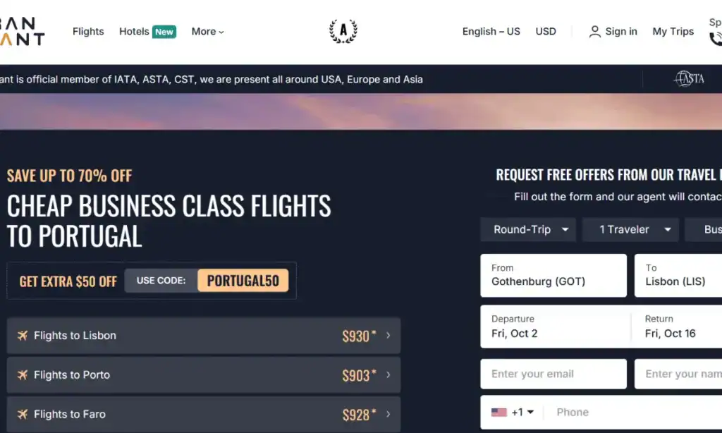Affordable business class flights from Gothenburg to Lisbon with Bikomarketing.