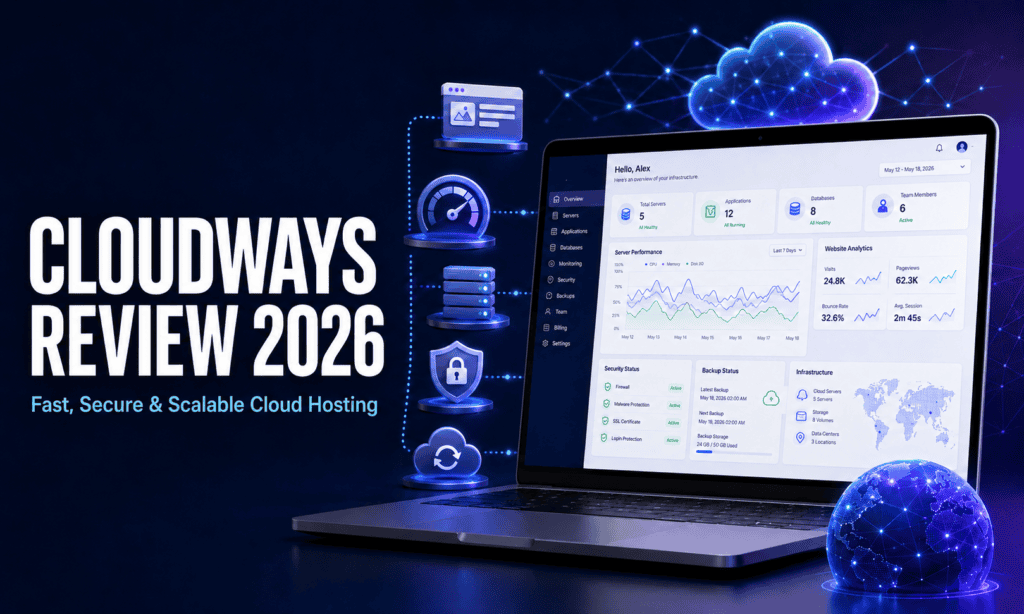 Cloudways Review 2026 featured image showing a managed cloud-hosting dashboard, performance analytics and secure cloud servers